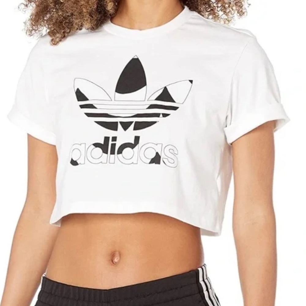 Adidas White and Black Marimekko Trefoil Logo Crop Top 2XL